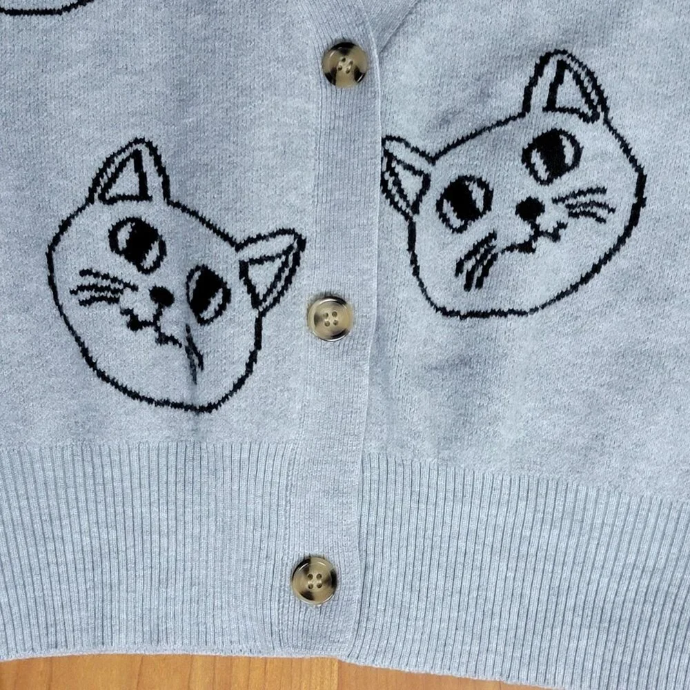 V-Neck Grey Cat Kitten Face Cropped Cardigan - XXS - Picture 7 of 12